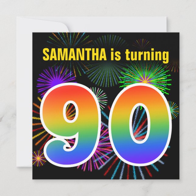 Fun Fireworks + Regenbogenmuster "90" Geburtstag # Einladung (Vorderseite)
