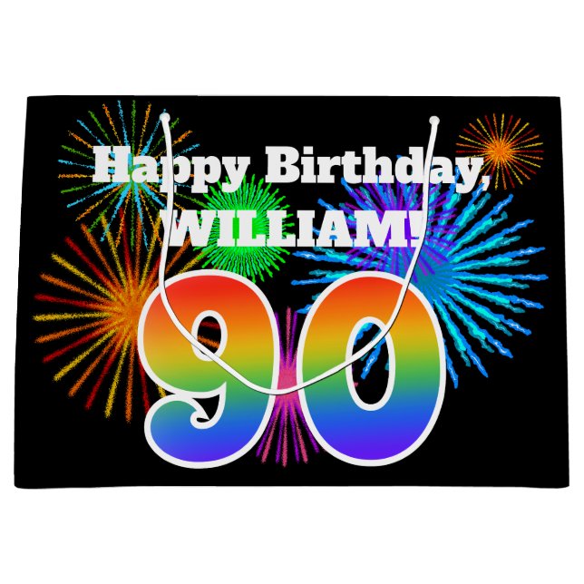 Fun Fireworks + Regenbogenmuster "90" Geburtstag # Große Geschenktüte (Vorderseite)