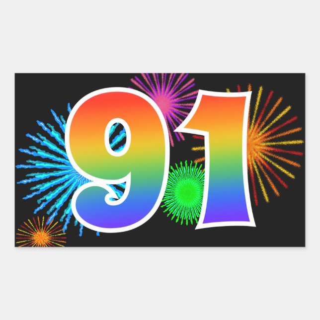Fun Fireworks + Regenbogenmuster "91" Ereignisnumm Rechteckiger Aufkleber (Vorderseite)