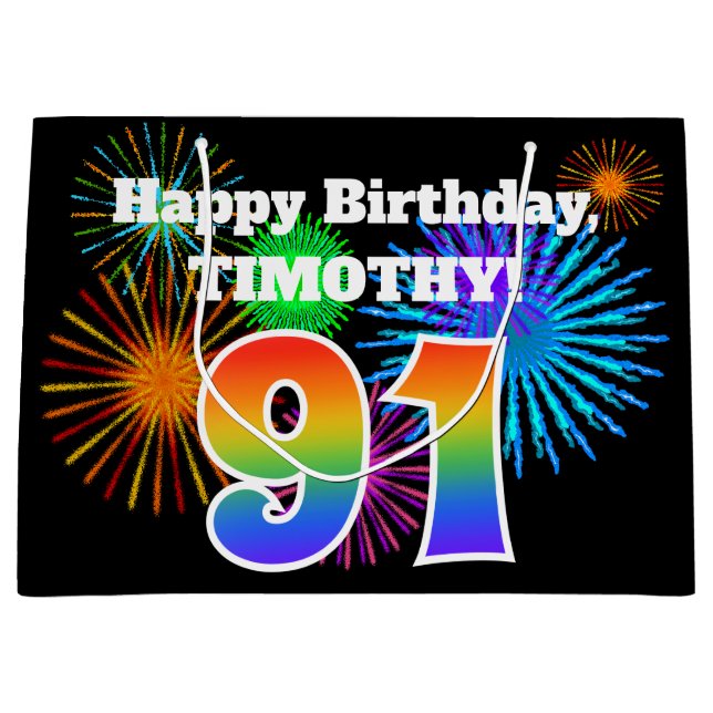 Fun Fireworks + Regenbogenmuster "91" Geburtstag # Große Geschenktüte (Vorderseite)