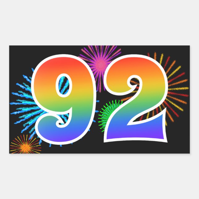 Fun Fireworks + Regenbogenmuster "92" Ereignisnumm Rechteckiger Aufkleber (Vorderseite)