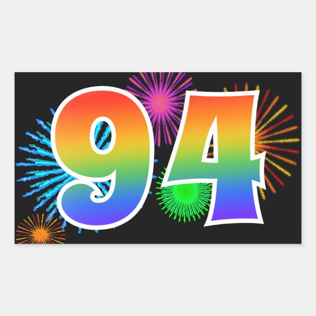 Fun Fireworks + Regenbogenmuster "94" Ereignisnumm Rechteckiger Aufkleber (Vorderseite)