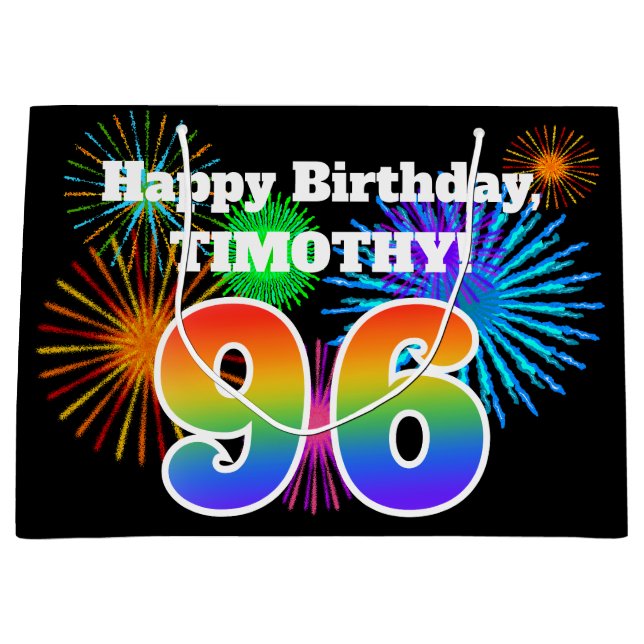 Fun Fireworks + Regenbogenmuster "96" Geburtstag # Große Geschenktüte (Vorderseite)