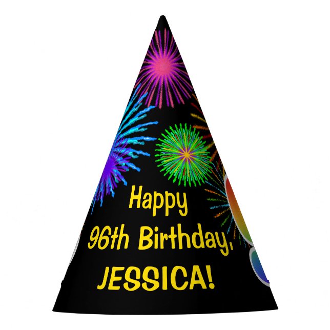 Fun Fireworks + Regenbogenmuster "96" Geburtstag # Partyhütchen (Vorderseite)