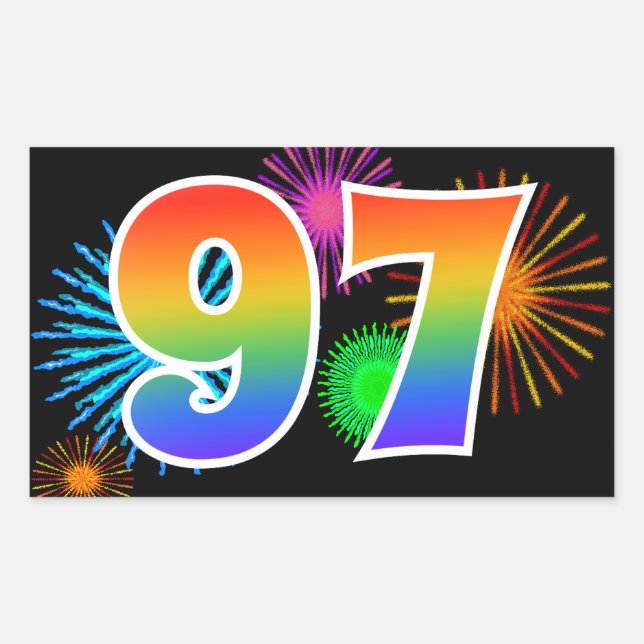 Fun Fireworks + Regenbogenmuster "97" Ereignisnumm Rechteckiger Aufkleber (Vorderseite)