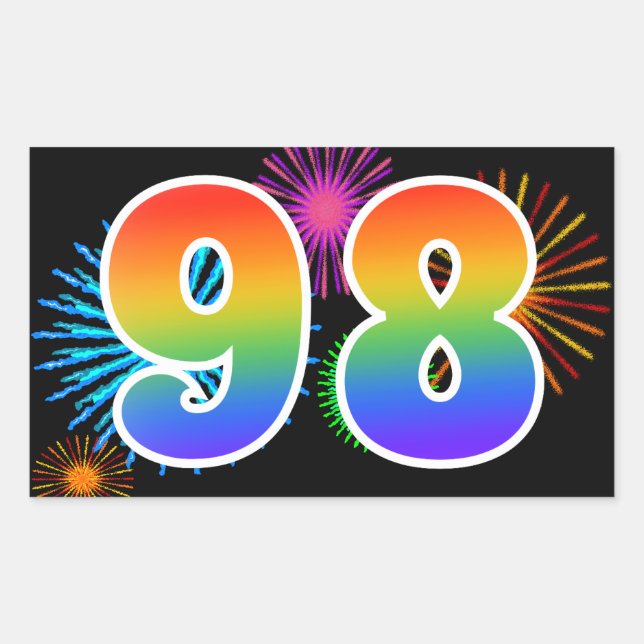 Fun Fireworks + Regenbogenmuster "98" Ereignisnumm Rechteckiger Aufkleber (Vorderseite)