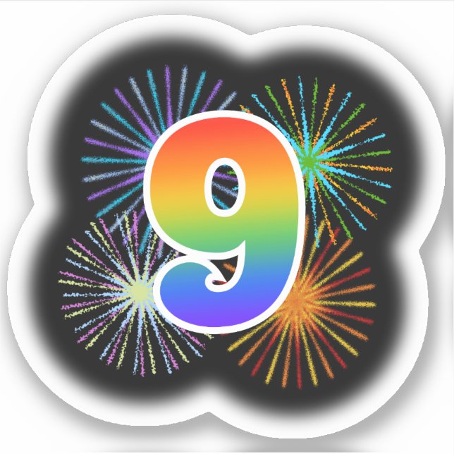 Fun Fireworks + Regenbogenmuster "9" Ereignis # Aufkleber (Vorderseite)
