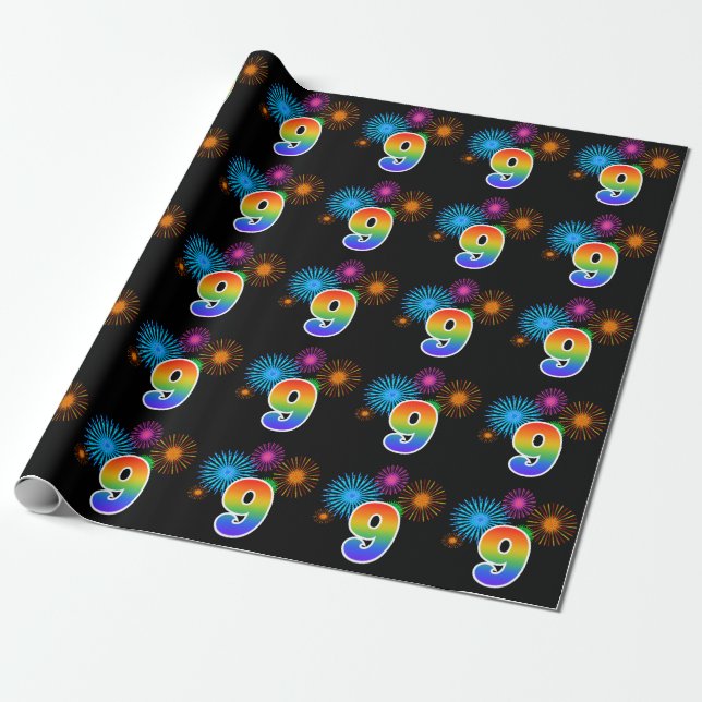 Fun Fireworks + Regenbogenmuster "9" Ereignisnumme Geschenkpapier (Ungerollt)