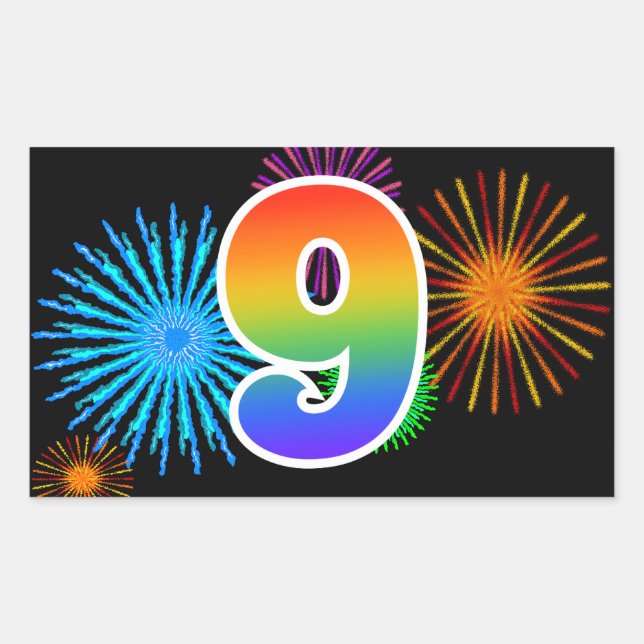 Fun Fireworks + Regenbogenmuster "9" Ereignisnumme Rechteckiger Aufkleber (Vorderseite)