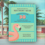 Fun Flamingo Pool Float Tropischer Sommer Geburtst Einladung<br><div class="desc">Dieses Flamingo Schwimmbad Sommergeburtstag Einladung startet die Feier im Stil! Dieses farbenfrohe Design in den lebhaften Farben eines Florida Resorts ist der perfekte Intro für ein tropisches Party. Es zeigt einen spaßigen Korallenrosa Flamingo aufblasbar vor einem Hintergrund von aquablau und Meer grünen Streifen. Das einfache Ausschnitt-Design lasse dem eigenen Text...</div>