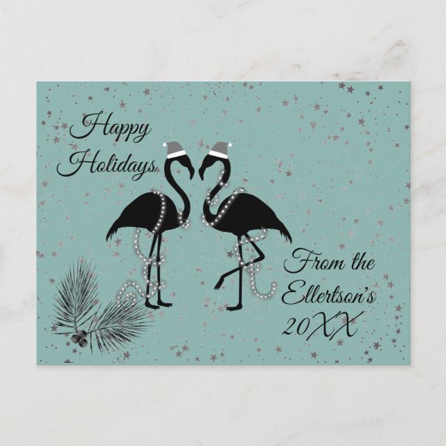 Fun Flamingos Christmas Glittery Stars Feiertagspostkarte (Vorderseite)