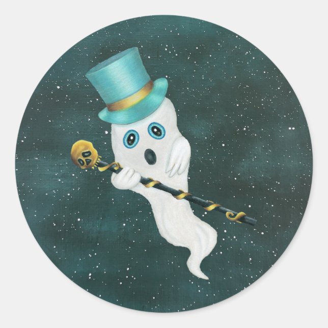 Fun Floating Ghost Aqua Top Hat Skull Cane in Sky Runder Aufkleber (Vorderseite)