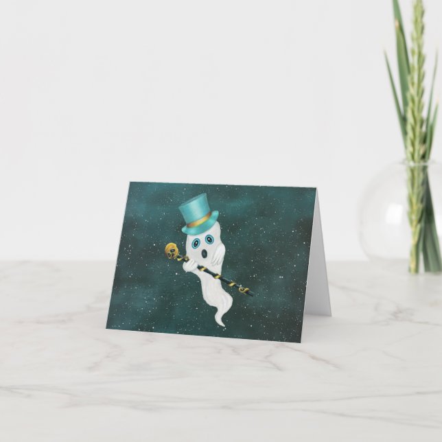 Fun Floating Ghost in Sky Blue Green Hat Skull Karte (Vorderseite)