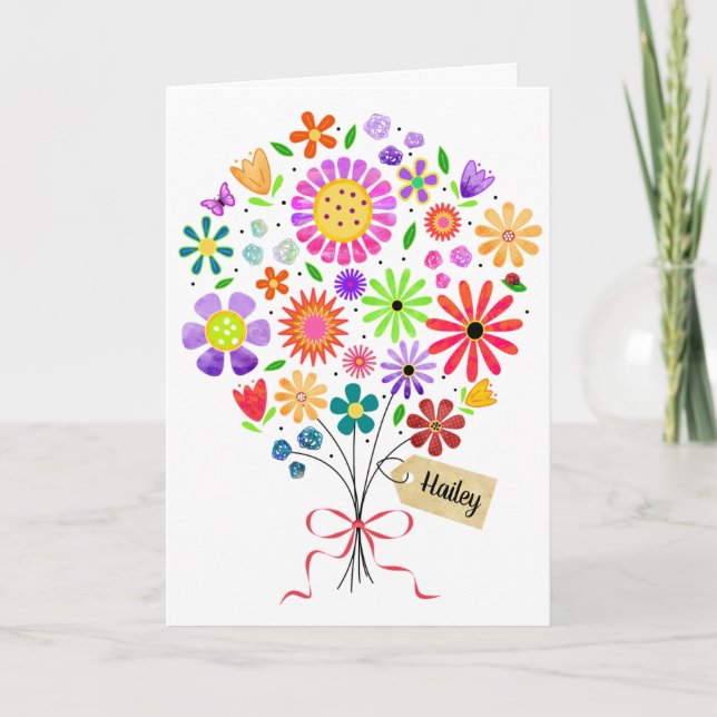 Fun Floral Bouquet mit Name Card Geburtskarte Karte (Vorderseite)
