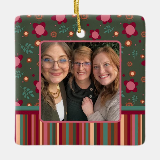 Fun Floral Stripe Custom Foto zwei Seiten Keramikornament (Vorderseite)