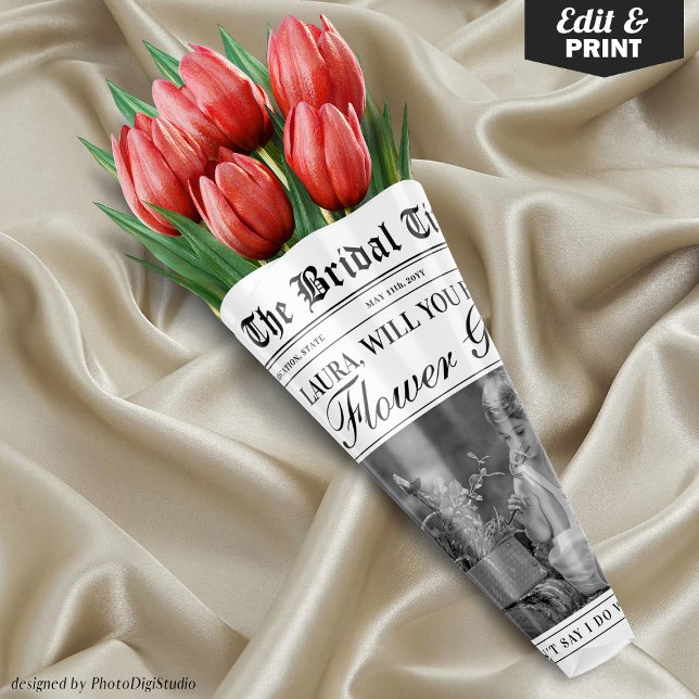 Fun Flower Girl Vorschlag Zeitung Blume Bouquet Geschenkpapier Set (Editable Fun Flower Girl Proposal Newspaper Flower Bouquet Wrapping Paper Sheets)
