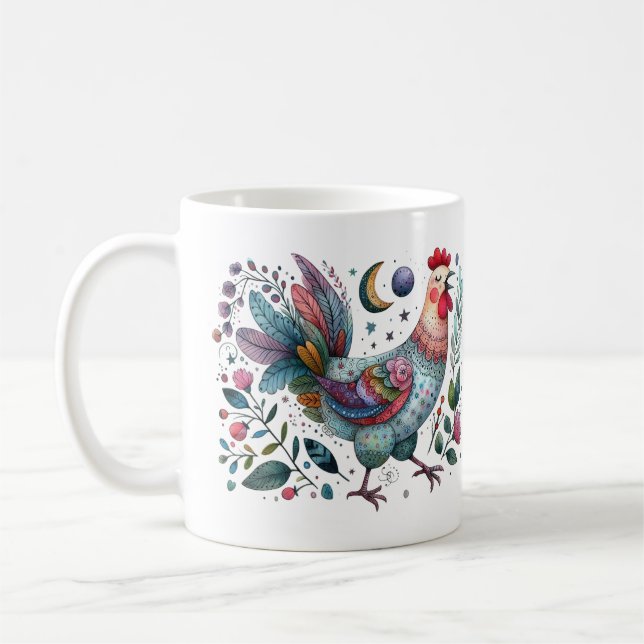 Fun Folk Art Chicken oder Rooster in der Nacht Kaffeetasse (Links)