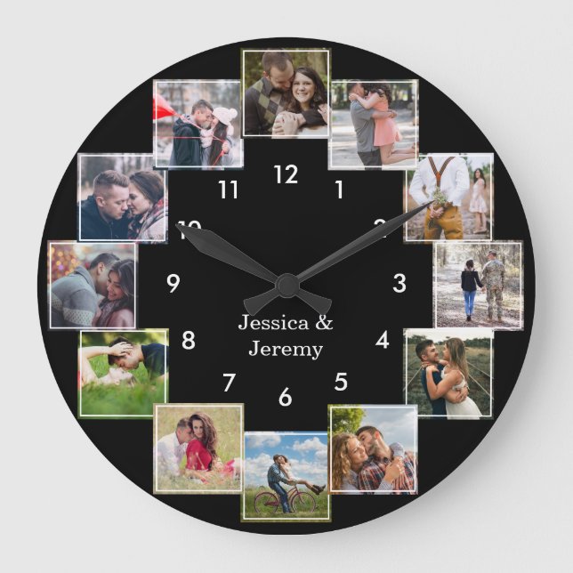 Fun Foto Collage Couple's Black Large Clock Große Wanduhr (Vorderseite)