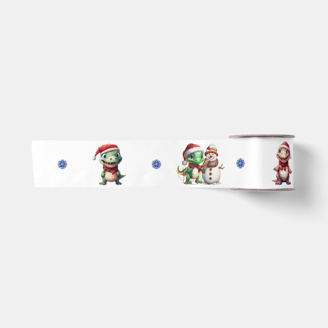 Fun & Funky Christmas Dinosaurier auf White Satinband (Vorderseite)