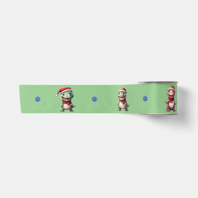 Fun & Funky Weihnachtsdinosaurier auf 3" Green Satinband (Vorderseite)
