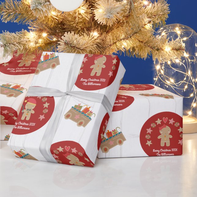 Fun Gingerbrei Cookie Skriptname Rustic Wood Red Geschenkpapier (Feiertage)