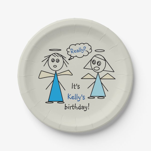Fun Girl Stick Figure Angels Personalized Birthday Pappteller (Vorderseite)