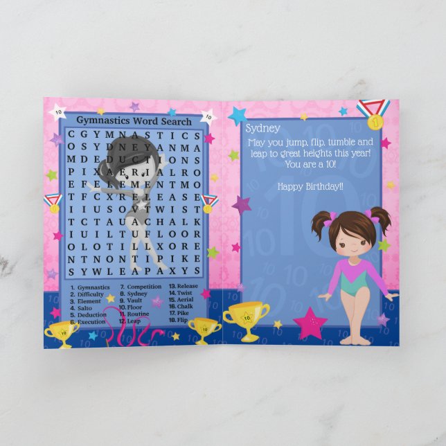 Fun Girls Gymnastik Word Search Happy Birthday Karte (Innenseite)