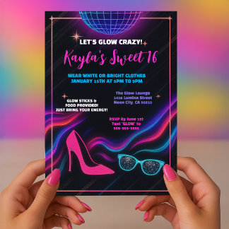 Fun Girly Glow in the Dark Sweet 16 Party Einladung