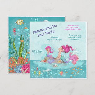 Fun Girly Pink Hair Meerjungfrau Mommy & Me Pool P Einladung