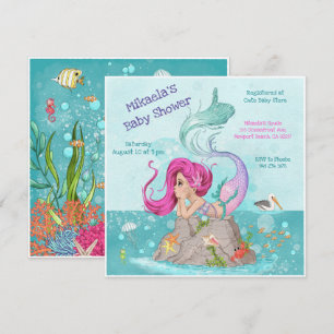 Fun Girly Pink Hair Mermaid Babydusche Einladung