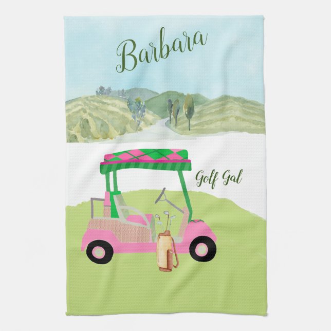 Fun Glam Golf Cart Landschaftlicher Personalisiert Geschirrtuch (Vertikal)