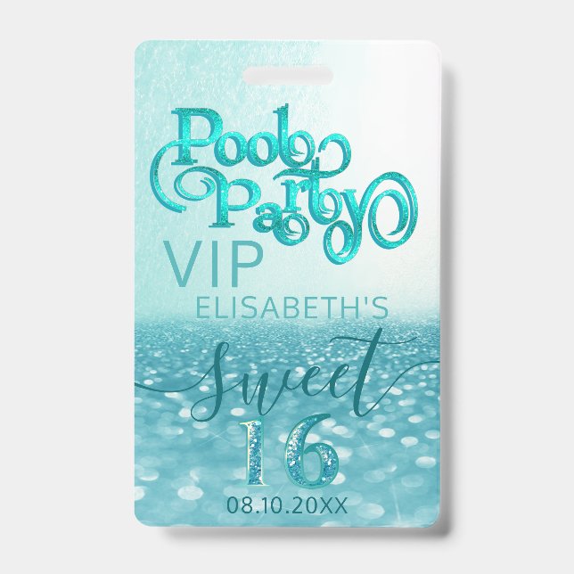 Fun Glitzer Skript Pool Party Sweet 16 VIP Abzeich Ausweis (Vorderseite)