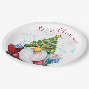 Fun Gnome mit Weihnachtsbaumhut und Geschenk für  Pappteller