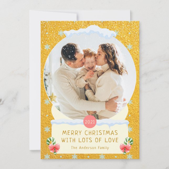 Fun Gold Frohe Weihnachtsschnee Globe Foto-Karte Einladung (Vorderseite)