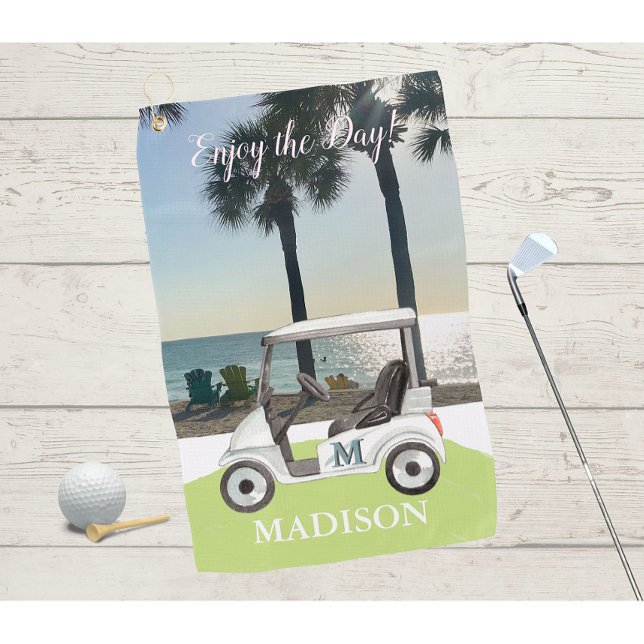 Fun Golf Cart Beach Monogram Name Golfhandtuch (Von Creator hochgeladen)