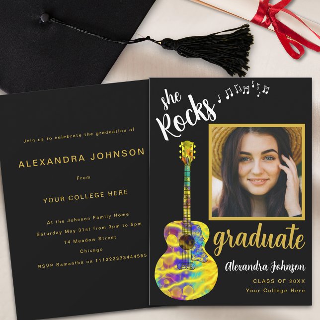 Fun Graduate Foto Gold Script Graduation Party Einladung (Fun modern graduate photo black and gold script graduation party invitation colorful guitar music)