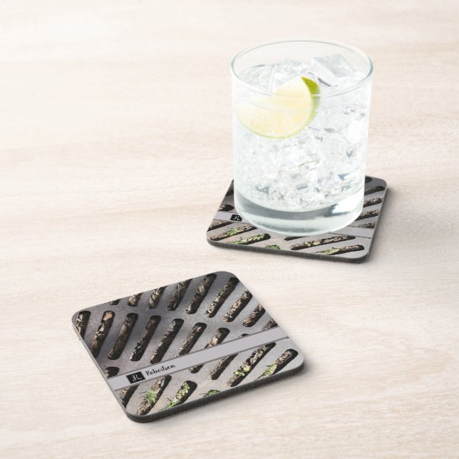 Fun Gray Heavy Metal Grate Look Monogram Getränkeuntersetzer (Rechte Seite)