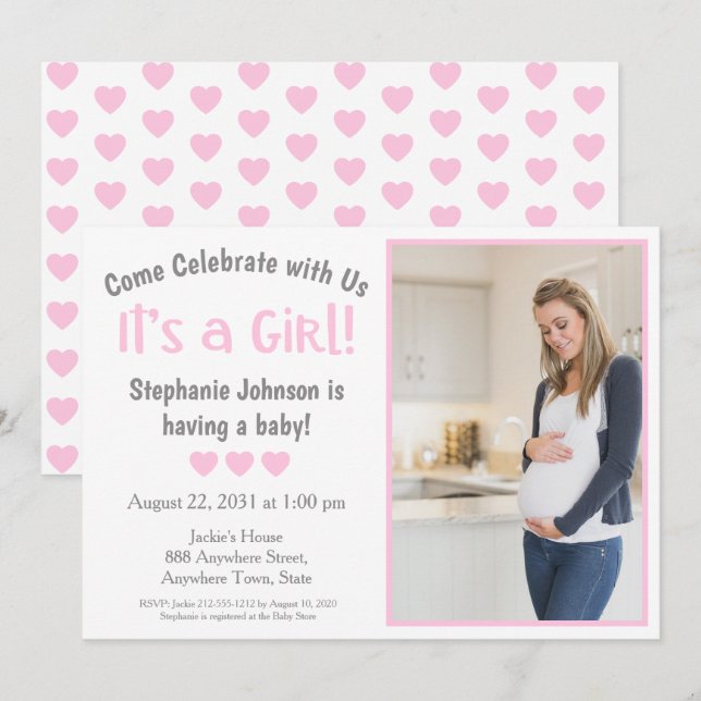 Fun Gray Pink Heart Foto The Girl Baby Shooter Einladung (Vorne/Hinten)