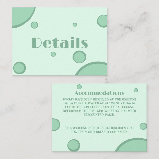 Fun Green Groovy Retro Hochzeitsdetails Begleitkarte (Vorne/Hinten)