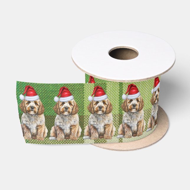Fun Green Kariert Cockapoo Santa Dog Weihnachten Satinband (Spule)