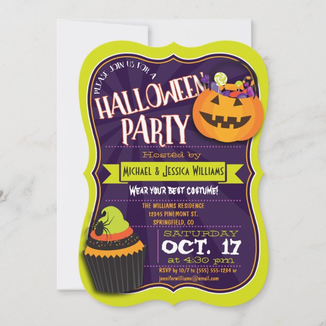 Fun Green & Lila Halloween Costume Party Einladung (Vorderseite)