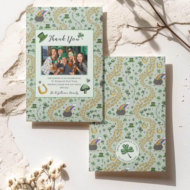 Fun Green St Patricks Irish Danke Karte (St Patricks Day Custom Photo, Thank You Message and Name with Irish Blessing on Back of the Card. 
)