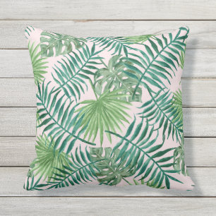 Fun Green Tropical Blätter auf Pink Kissen