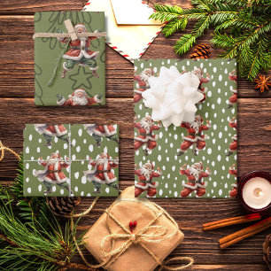 Fun Green Vintag Dancing Santa Claus Geschenkpapier Set