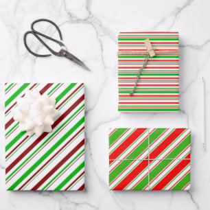 Fun Green, White, Red Colored Stripes Patterns Geschenkpapier Set