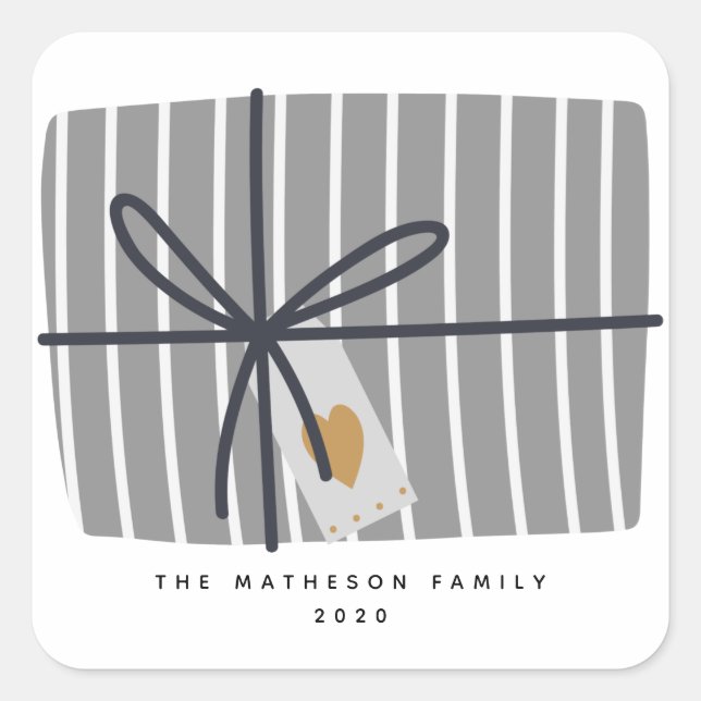 Fun Grey Strip Wrapped Gift Design Holiday Quadratischer Aufkleber (Vorderseite)