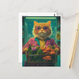 Fun Grocery Shopping Ginger Cat in Sonnenbrille Postkarte