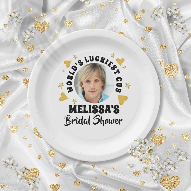 Fun Grooms Face Foto Gold Hearts Brautparty Pappteller (Fun Grooms Face Photo Gold Hearts Bridal Shower Paper Plates)