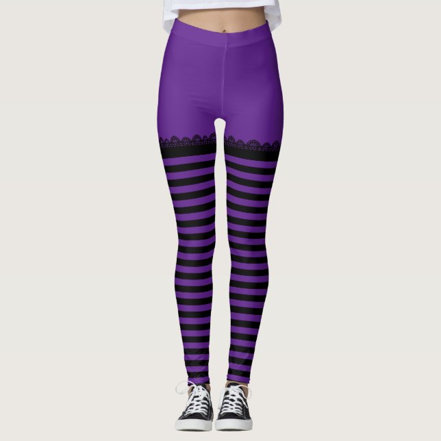 Fun Halloween Hexe Lila Schwarz Streifen Leggings (Vorderseite)