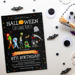 Fun Halloween Kids Costume Geburtstagsparty Einladung<br><div class="desc">Ein Geburtstagsaufenthalt für die geborenen im Oktober - ein Halloween-Kostüm-Party! Mit einem rustikalen Chalkboard-Hintergrund, bunten Sternkonfetti, Cartoon extravagante Kleidungsfiguren, KürbisGeister, Monster etc. und eine lustige moderne Geburtstagsgeschenk-Vorlage, die leicht zu anpassen. Wenn Sie gewollt haben, den Schriftart oder die Farbe des Textes zu ändern, können Sie dies tun, indem Sie auf...</div>